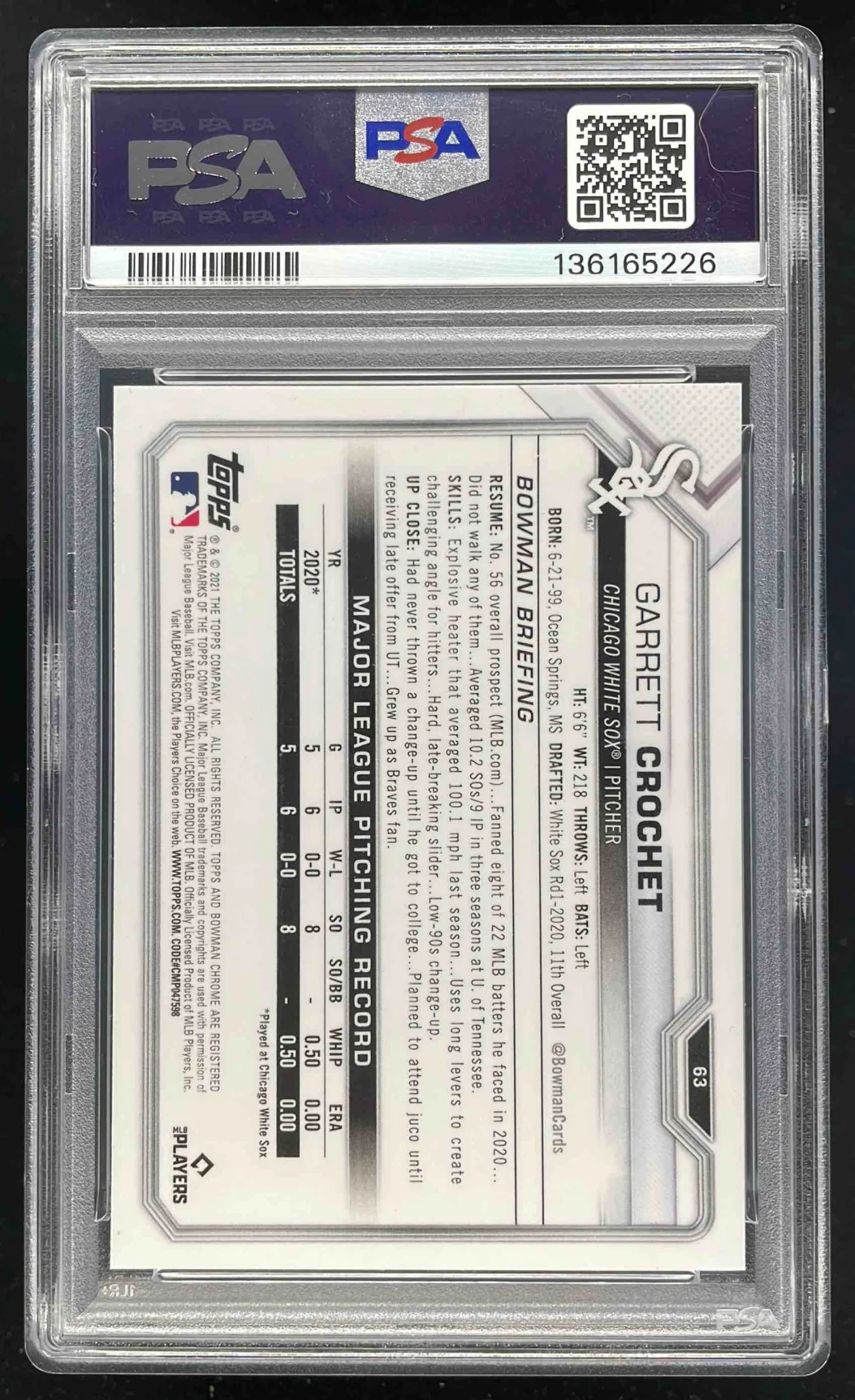 2021 Bowman Chrome #63 Garrett Crochet RC PSA 10 - Image 2
