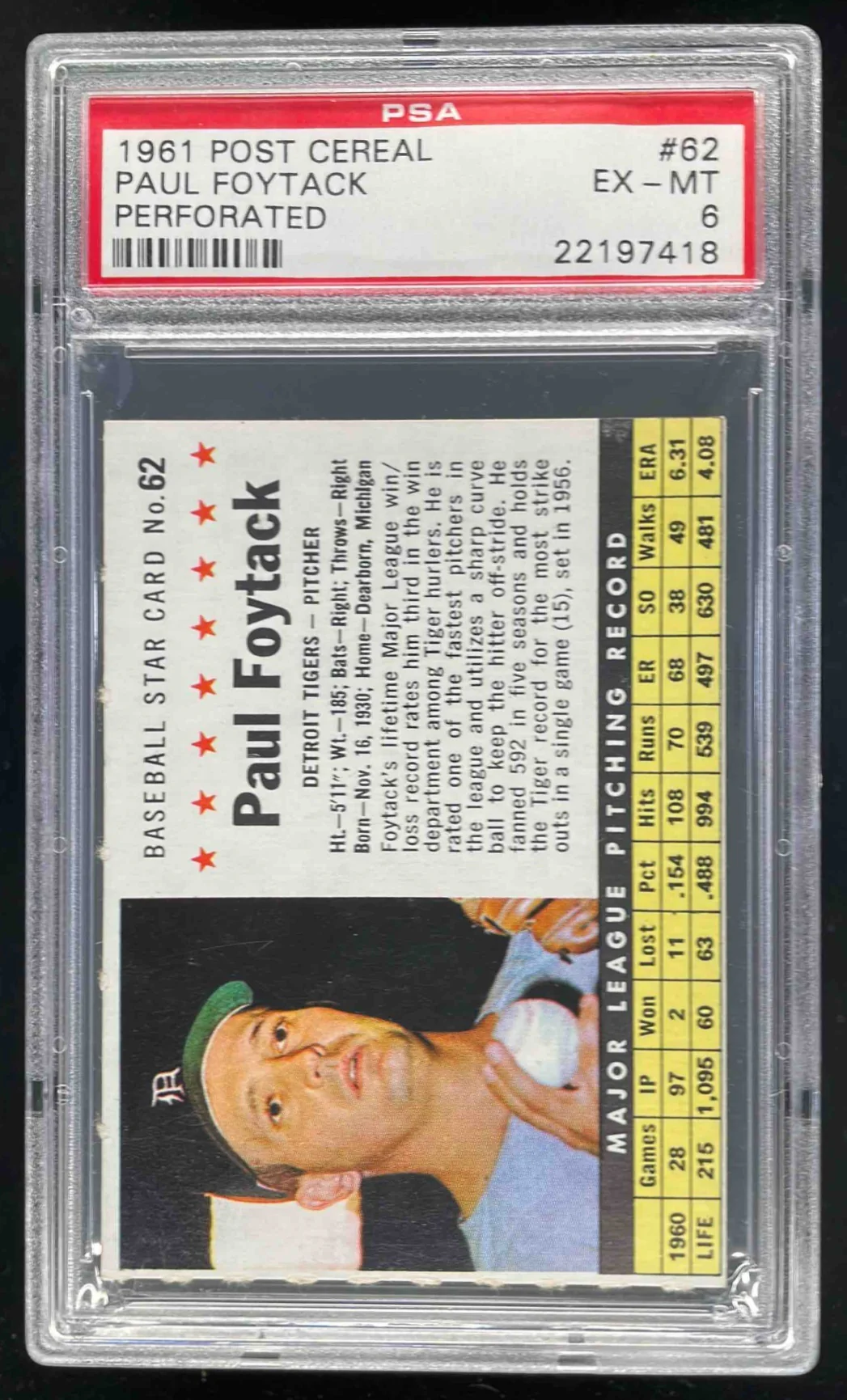 1961 Post Cereal Perforated #62 Paul Foytack PSA 6