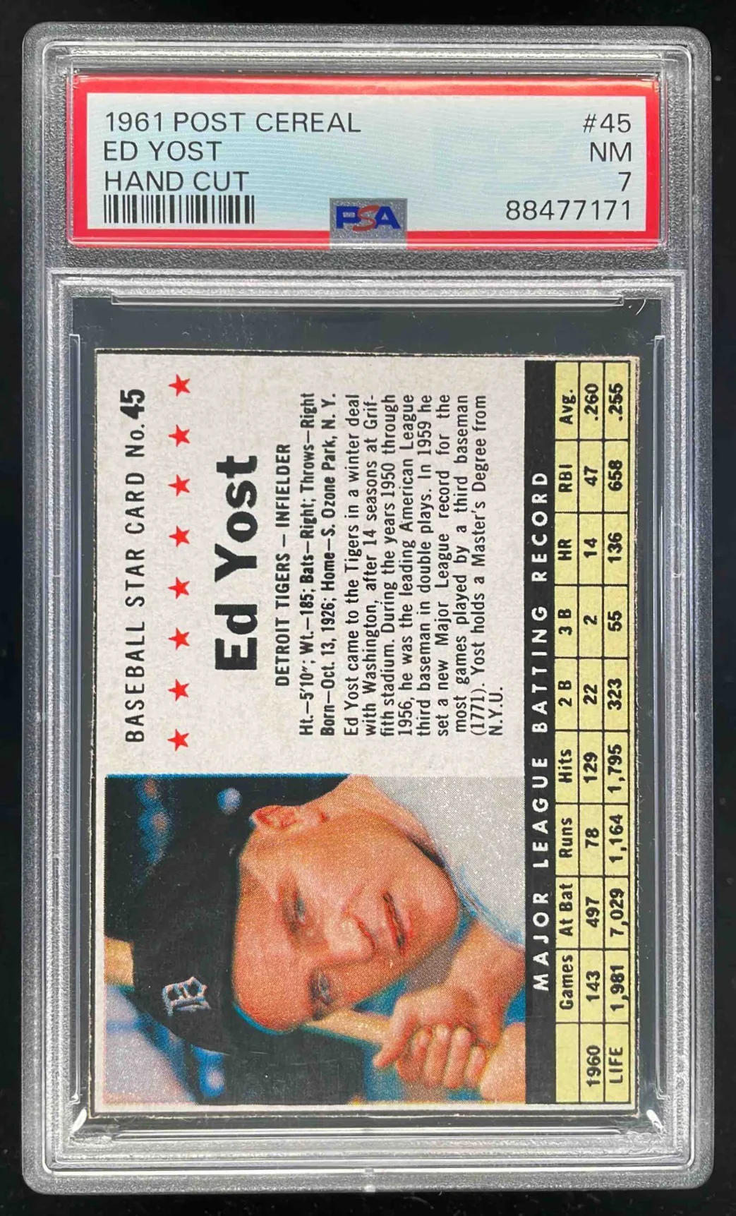 1961 Post Cereal Hand Cut #45 Ed Yost PSA 7