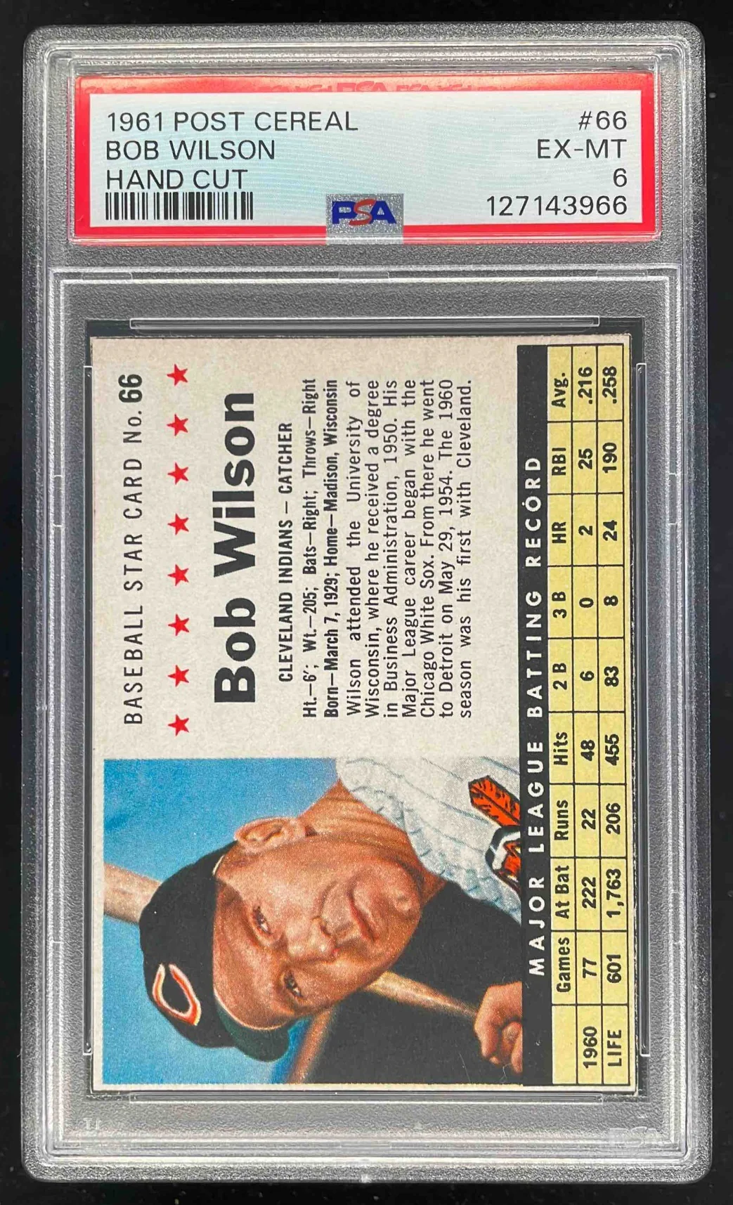 1961 Post Cereal Hand Cut #66 Bob Wilson PSA 6