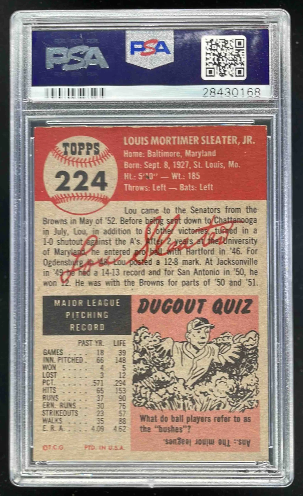 1953 Topps #224 Lou Sleater PSA 6.5 - Image 2