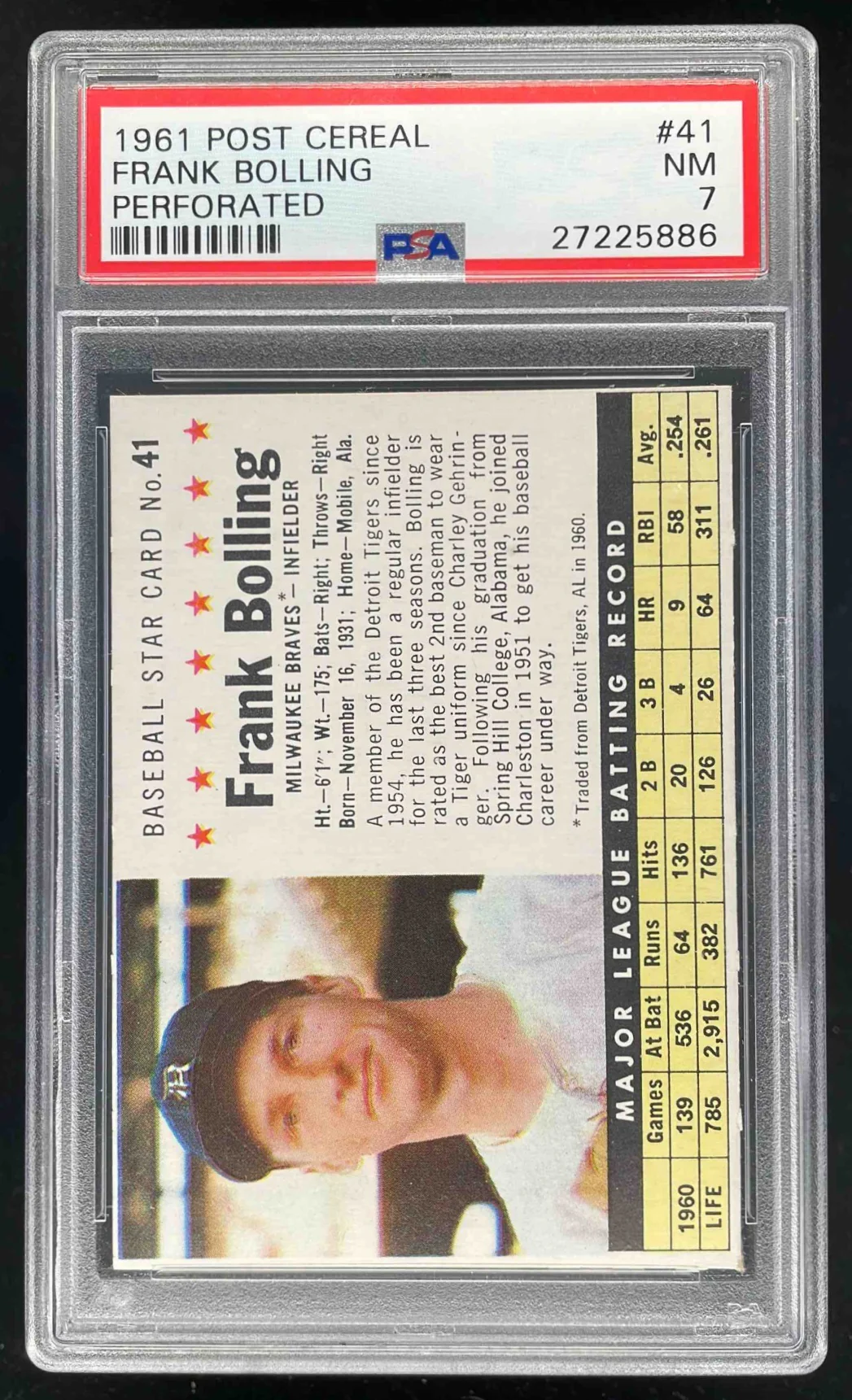 1961 Post Cereal Perforated #41 Frank Bolling UER PSA 7