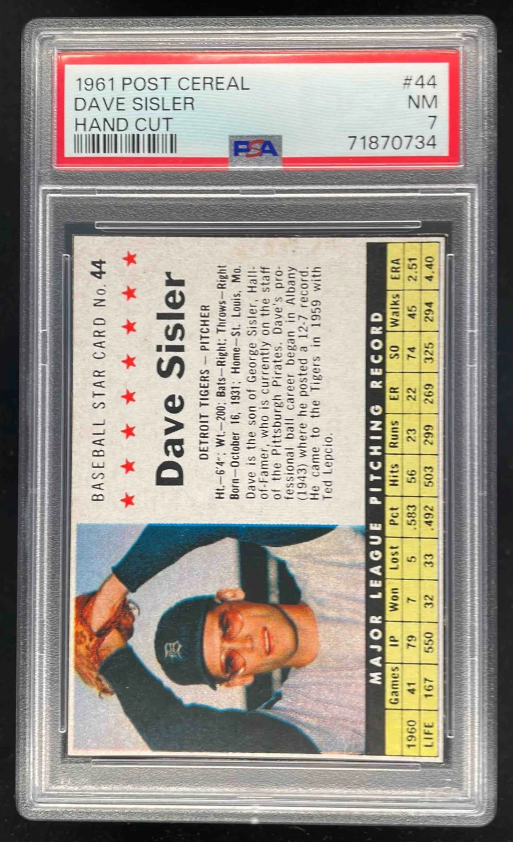 1961 Post Cereal Hand Cut #44 Dave Sisler PSA 7