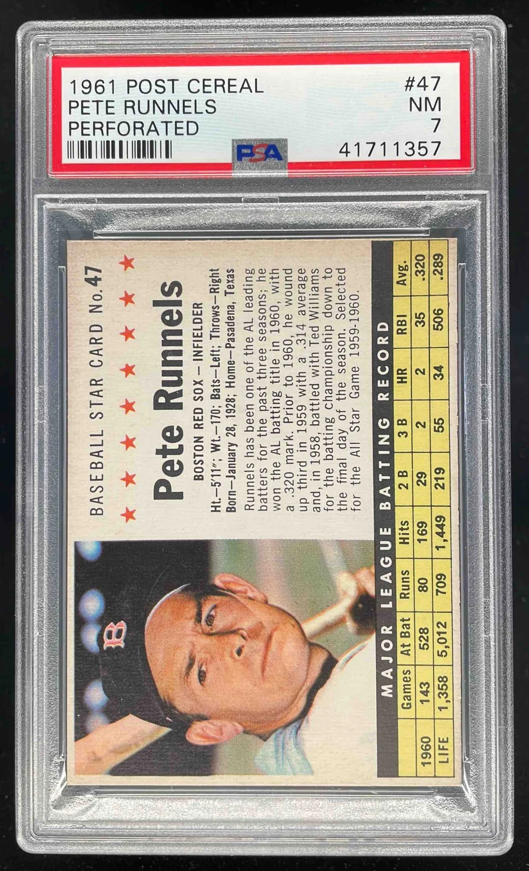 1961 Post Cereal Perforated #47 Pete Runnels PSA 7
