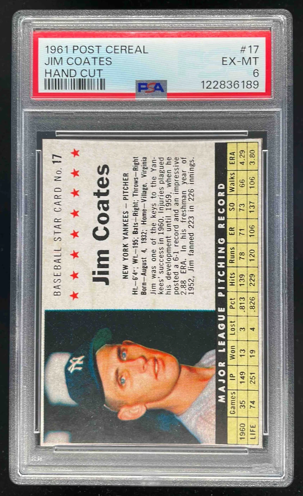 1961 Post Cereal Hand Cut #17 Jim Coates PSA 6