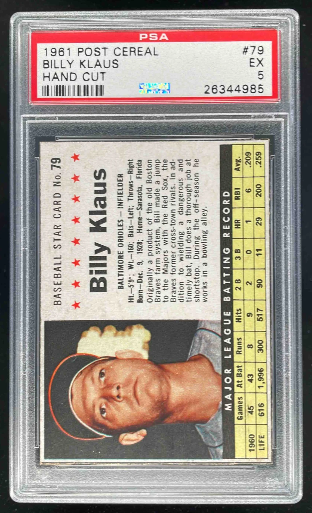 1961 Post Cereal Hand Cut #79 Billy Klaus PSA 5