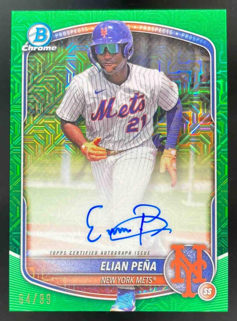 2025 Bowman Chrome Mega Box Chrome Green Mojo #BMA-EP Elian Pena RC Auto /99