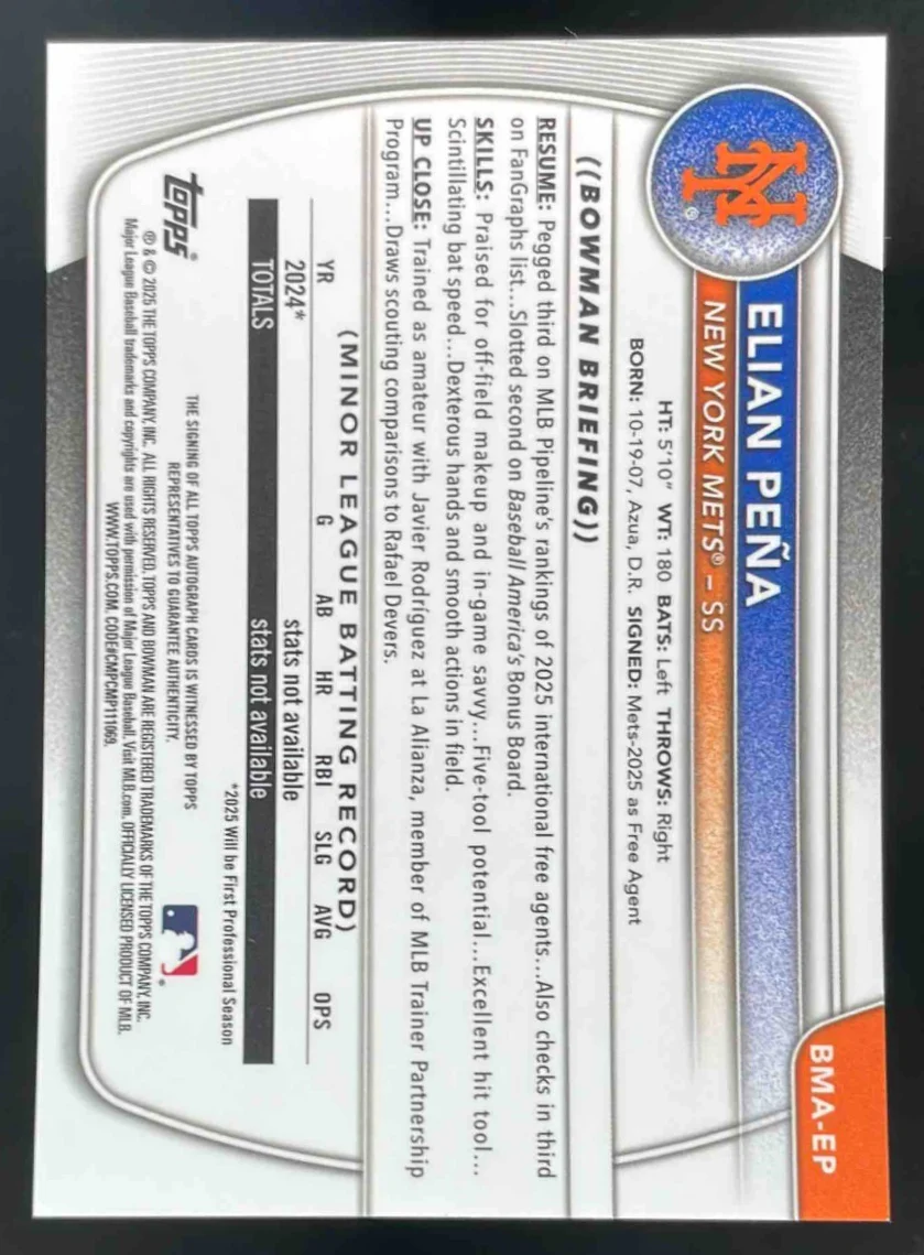 2025 Bowman Chrome Mega Box Chrome Green Mojo #BMA-EP Elian Pena RC Auto /99 - Image 2