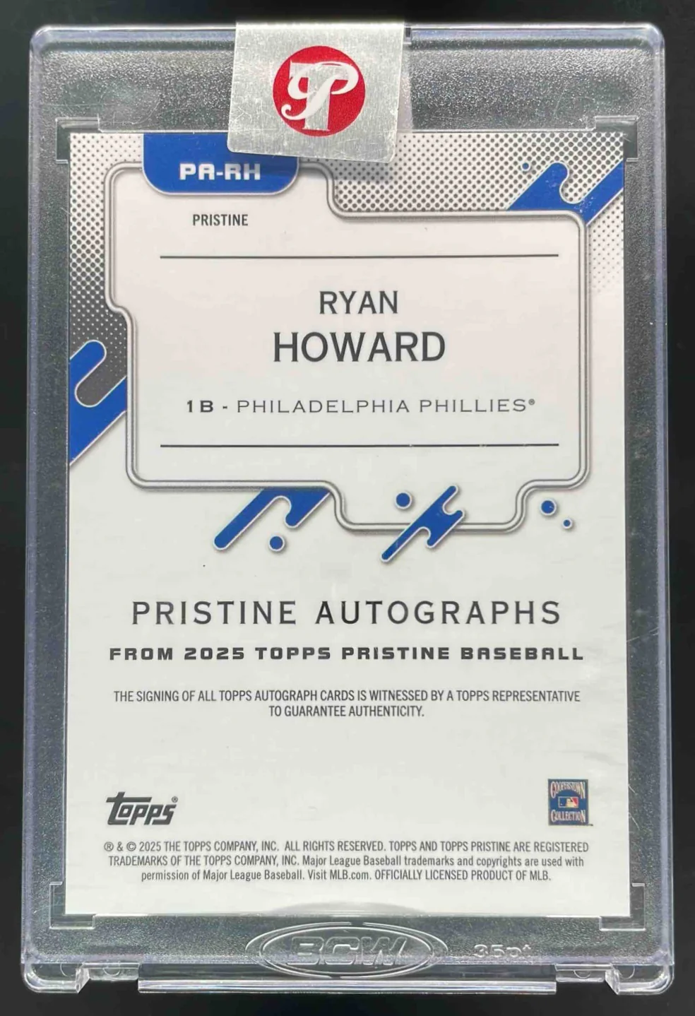 2025 Topps Pristine Autographs Primaries Pristine #PARH Ryan Howard Auto /10 - Image 2