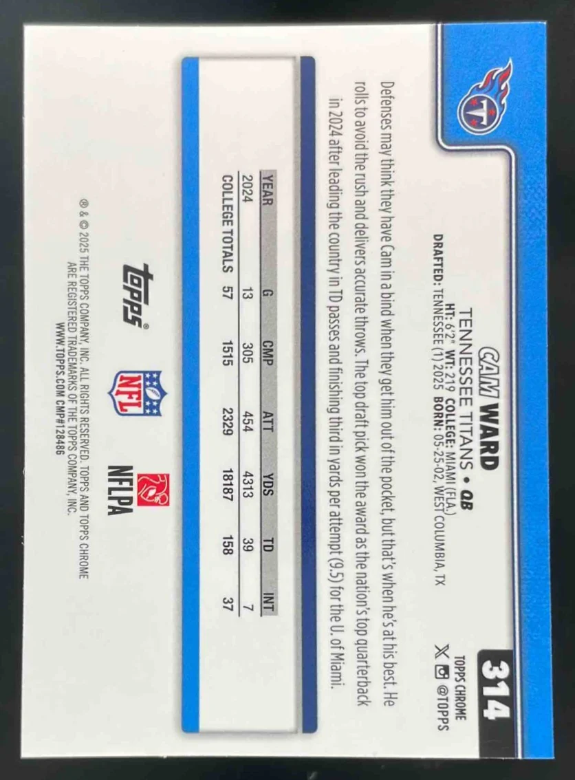 2025 Topps Chrome Rookie Image Variation #314 Cam Ward SP RC - Image 2