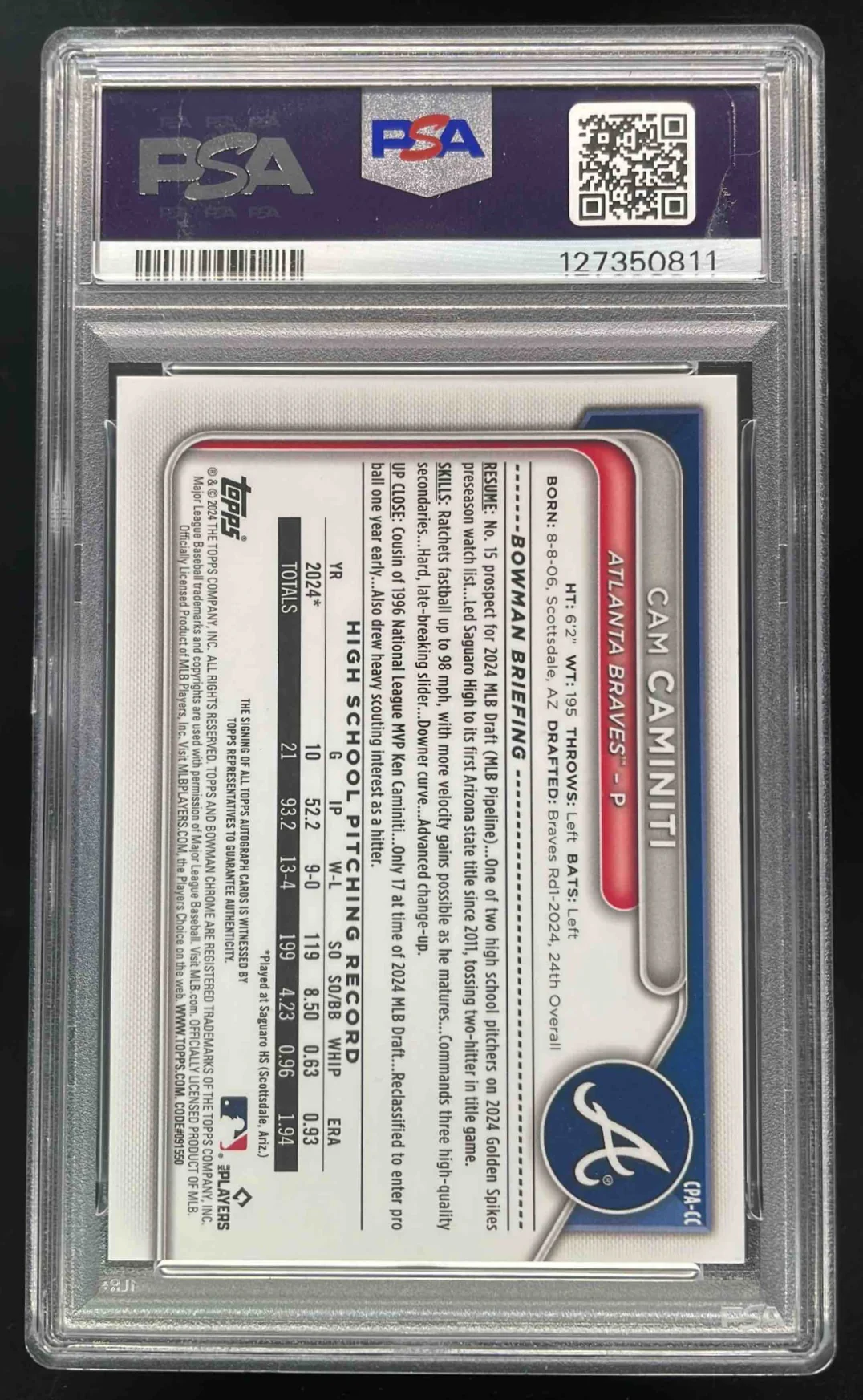 2024 Bowman Draft Chrome Prospect Sparkles #CC Cam Caminiti RC Auto /71 PSA 10 - Image 2