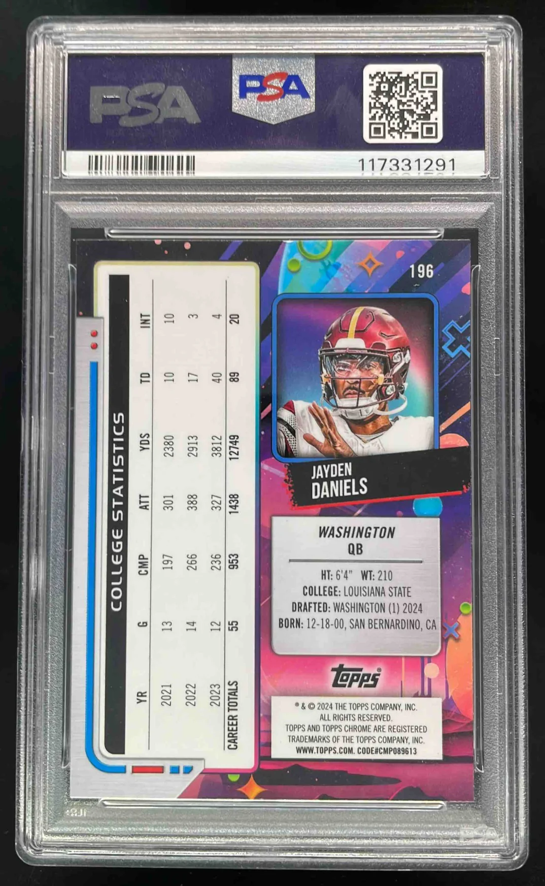 2024 Topps Cosmic Chrome White Hole Refractors #196 Jayden Daniels RC PSA 10 - Image 2