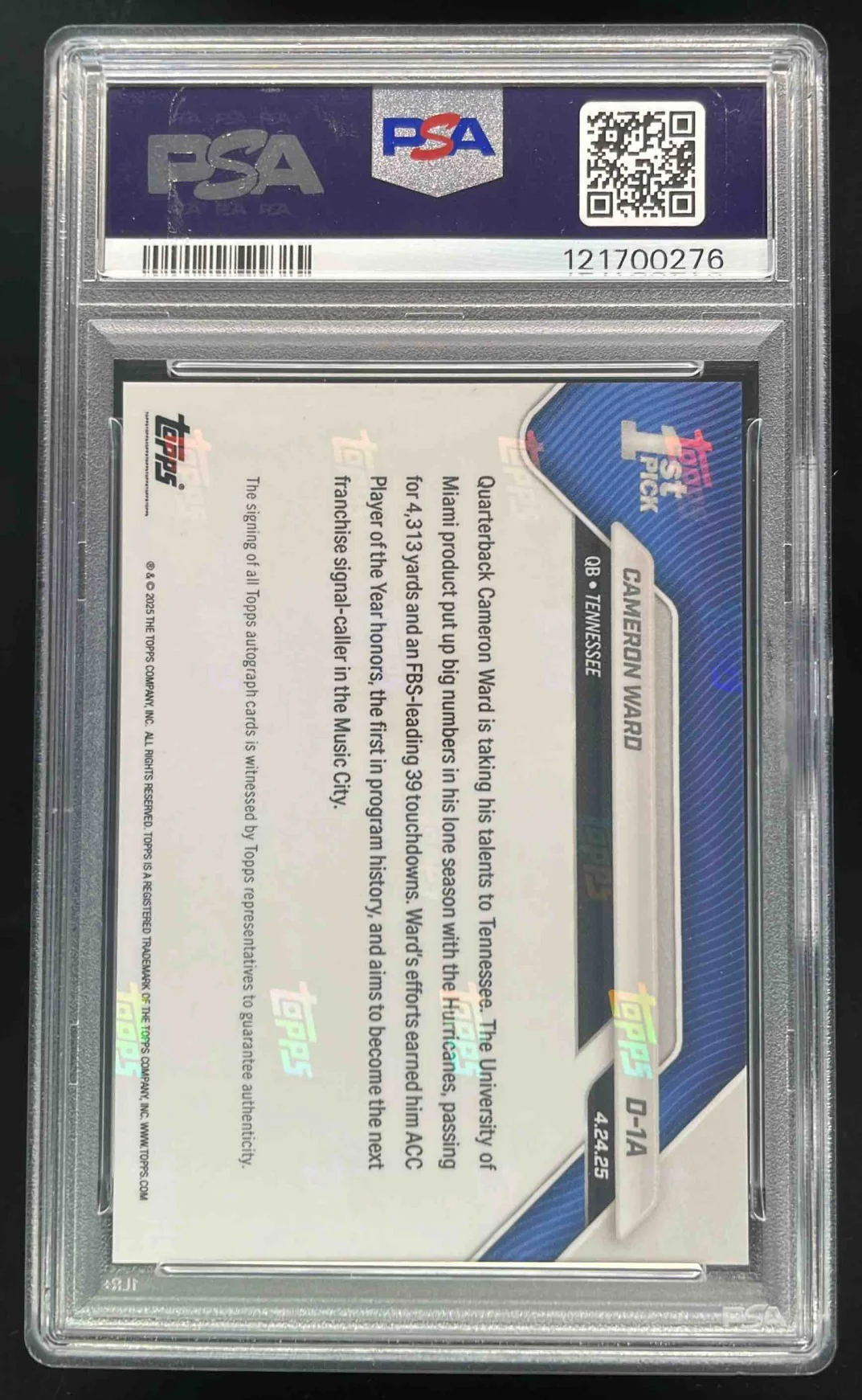 2025 Topps Now Autograph Orange Foil #D1A Cameron Ward RC Auto /25 PSA 10 - Image 2