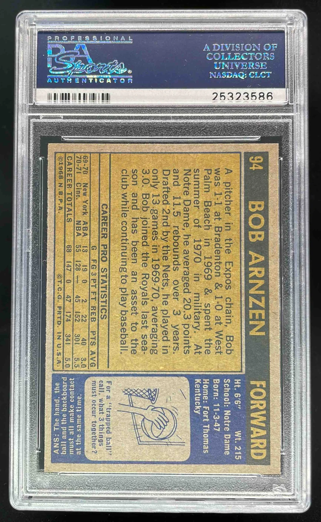 1971-72 Topps #94 Bob Arnzen RC PSA 9 - Image 2