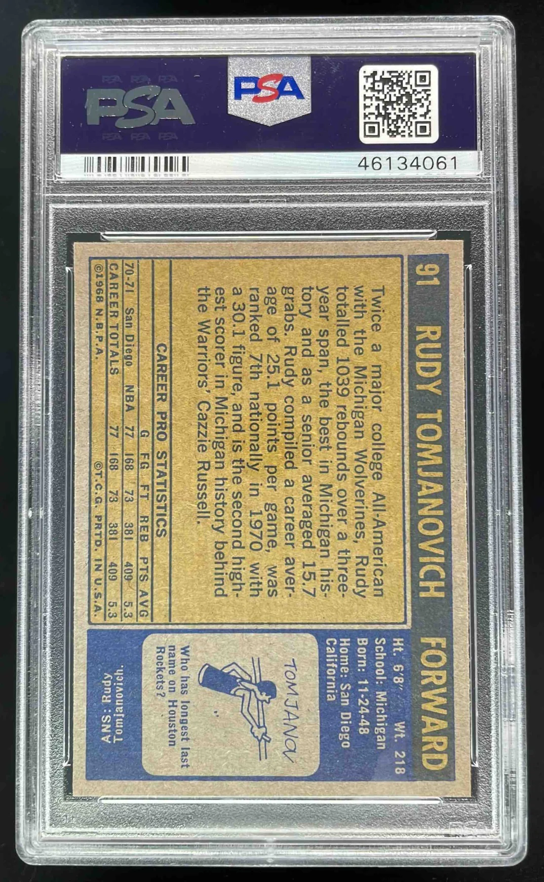 1971-72 Topps #91 Rudy Tomjanovich RC PSA 9 - Image 2