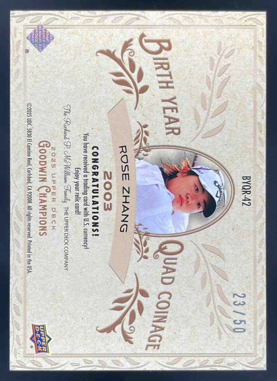 2025 Upper Deck Goodwin Champions Birth Year Coinage #BYQR-42 Rose Zhang /50 - Image 2