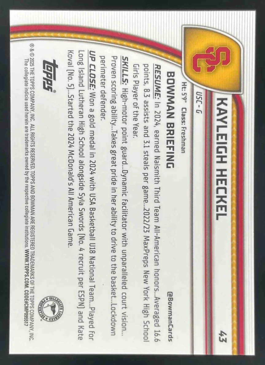 2024-25 Bowman University Chrome Sapphire Gold Refractor #43 Kayleigh Heckel /50 - Image 2