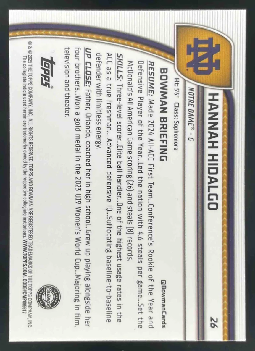 2024-25 Bowman University Chrome Sapphire Purple #26 Hannah Hidalgo /100 - Image 2