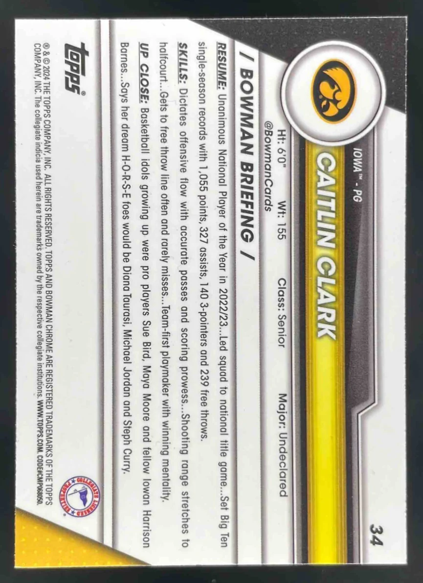 2023-24 Bowman University Chrome #34 Caitlin Clark - Image 2