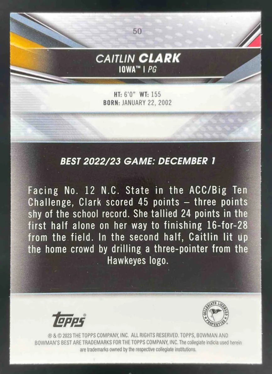 2022-23 Bowman University Best #50 Caitlin Clark - Image 2