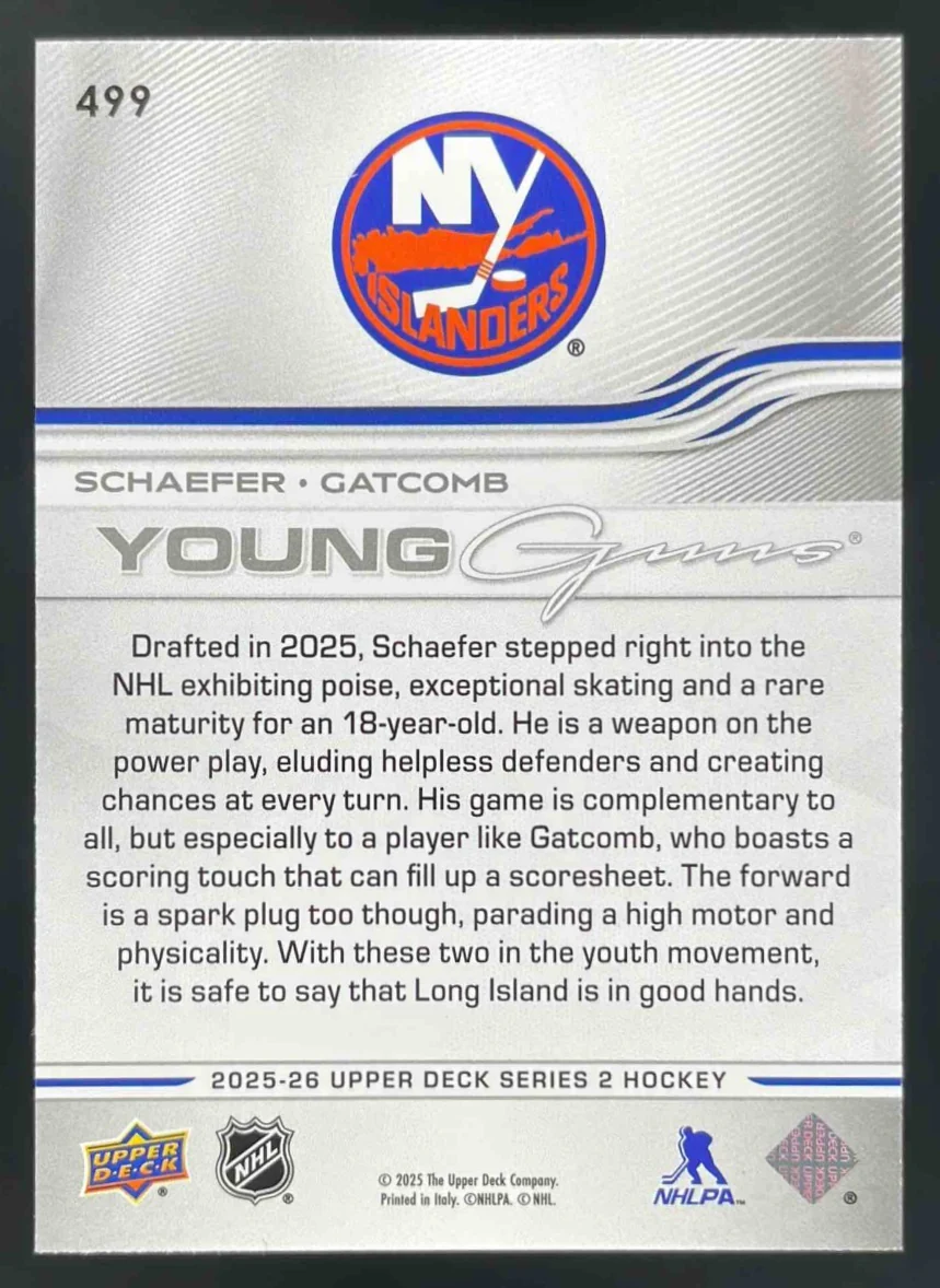 2025-26 Upper Deck Series 2 Young Guns #499 Matthew Schaefer Marc Gatcomb RC - Image 2