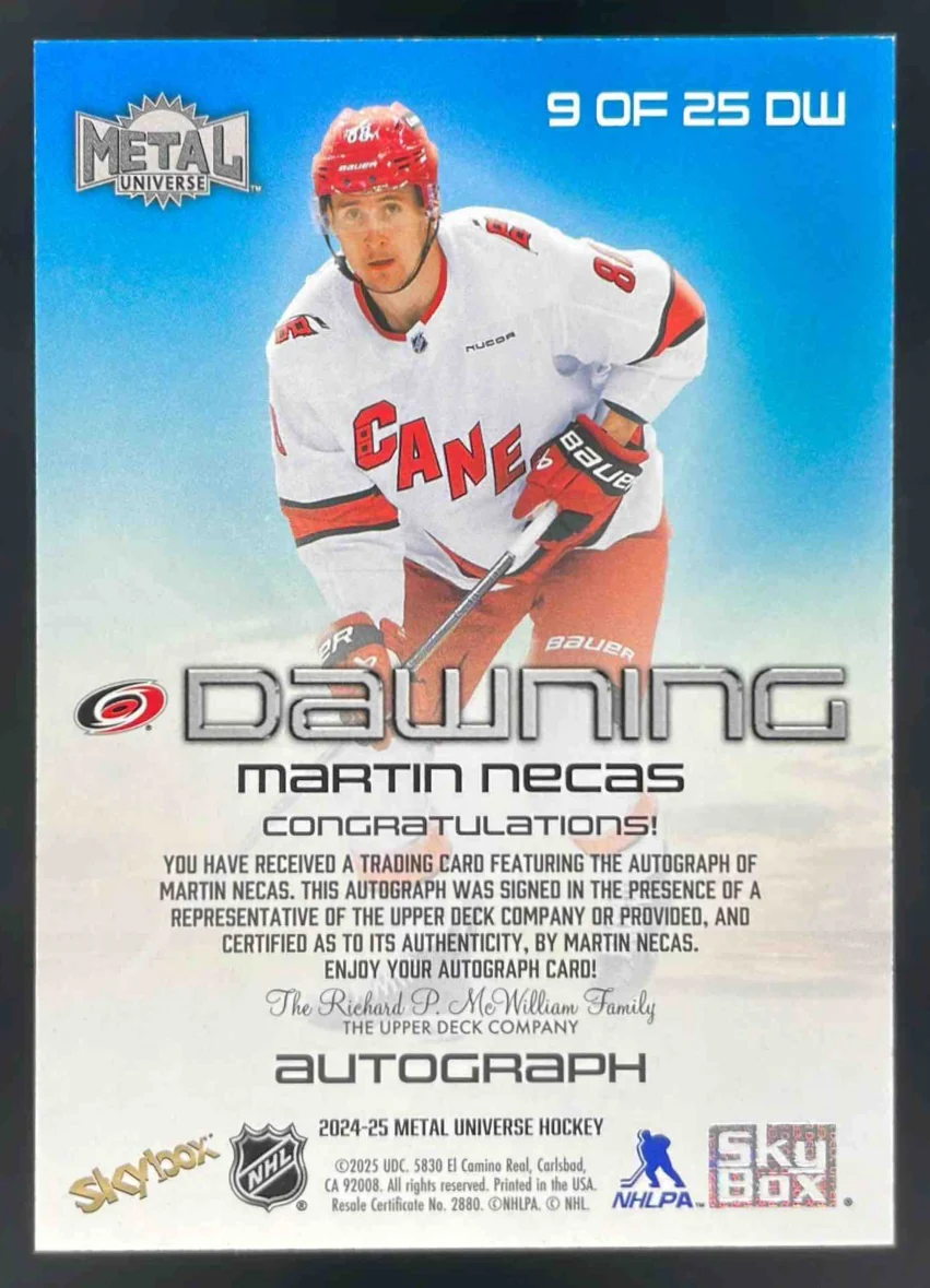 2024-25 Upper Deck Skybox Metal Universe Dawning #9 of 25 DW Martin Necas Auto - Image 2