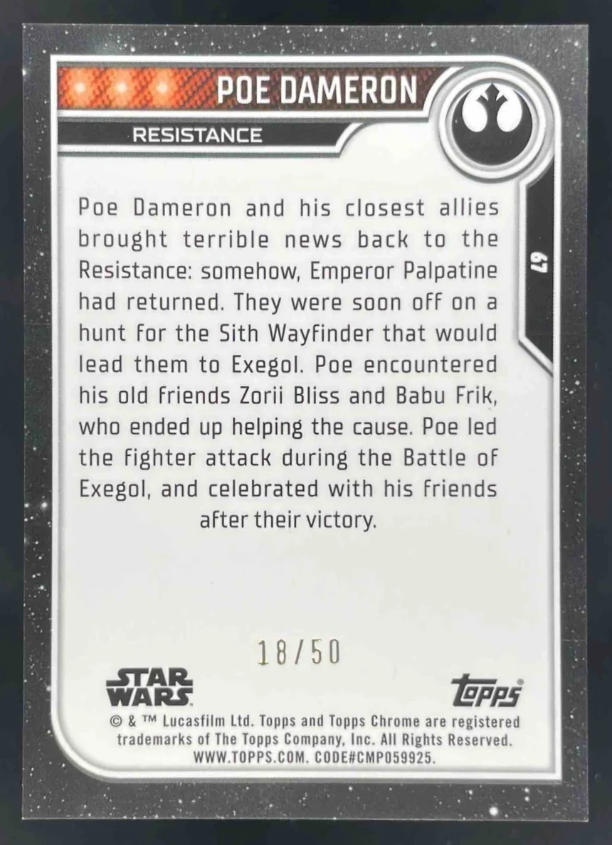 2023 Topps Chrome Star Wars Gold #67 Poe Dameron /50 - Image 2