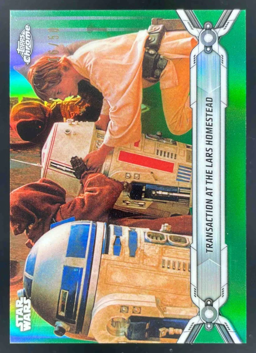 2019 Topps Chrome Star Wars Legacy Green Transaction at the Lars Homestead /50