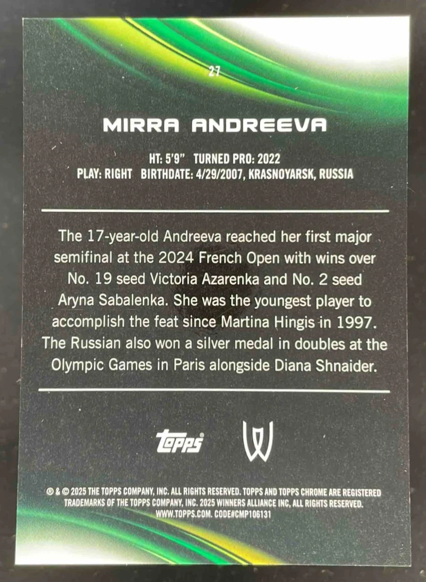 2025 Topps Chrome Gold Refractor #27 Mirra Andreeva /50 - Image 2
