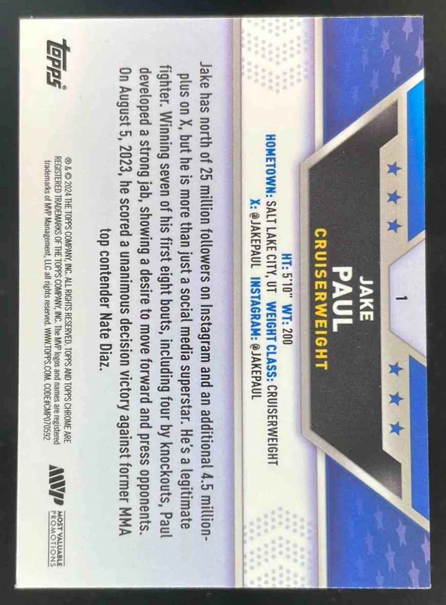 2024 Topps Chrome Bronze Refractor #1 Jake Paul /225 - Image 2