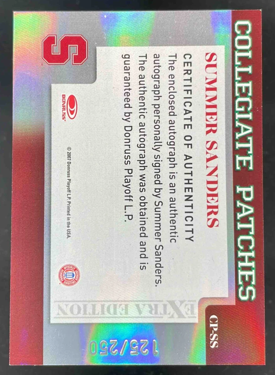 2007 Donruss Elite Extra Edition Collegiate Patches #SS Summer Sanders Auto /250 - Image 2