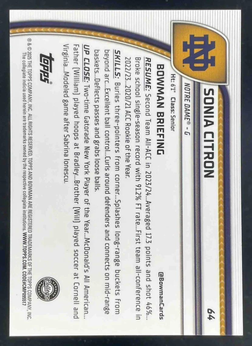 2024-25 Bowman University Chrome Black and White Stealth #64 Sonia Citron /48 - Image 2