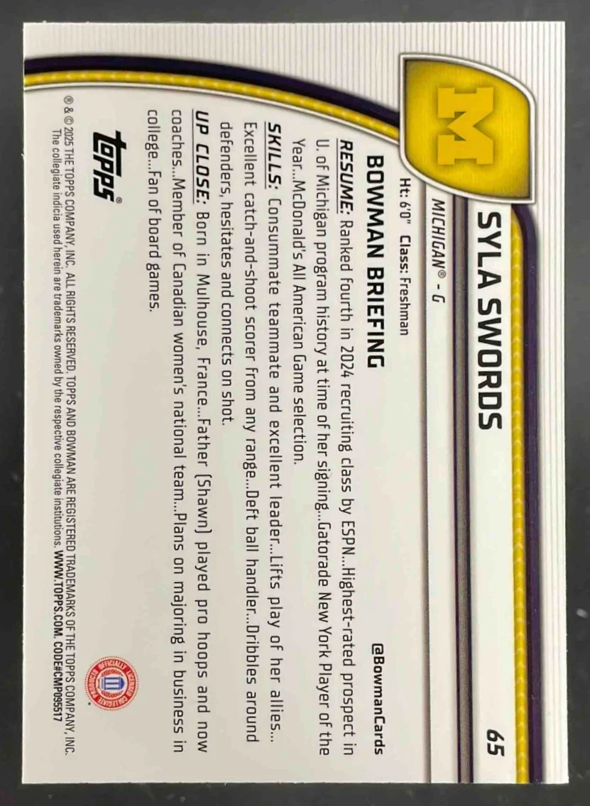 2024-25 Bowman University Chrome Sapphire Purple Refractor #65 Syla Swords /100 - Image 2