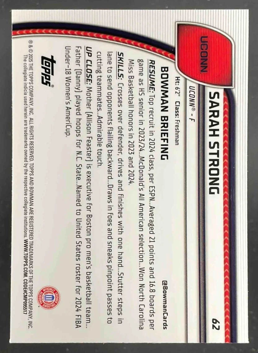 2024-25 Bowman University Chrome Reptilian Blue Refractor #62 Sarah Strong /150 - Image 2