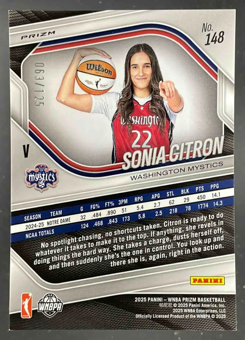 2025 Panini WNBA Prizm Carolina Blue Prizm #148 Sonia Citron /125 - Image 2