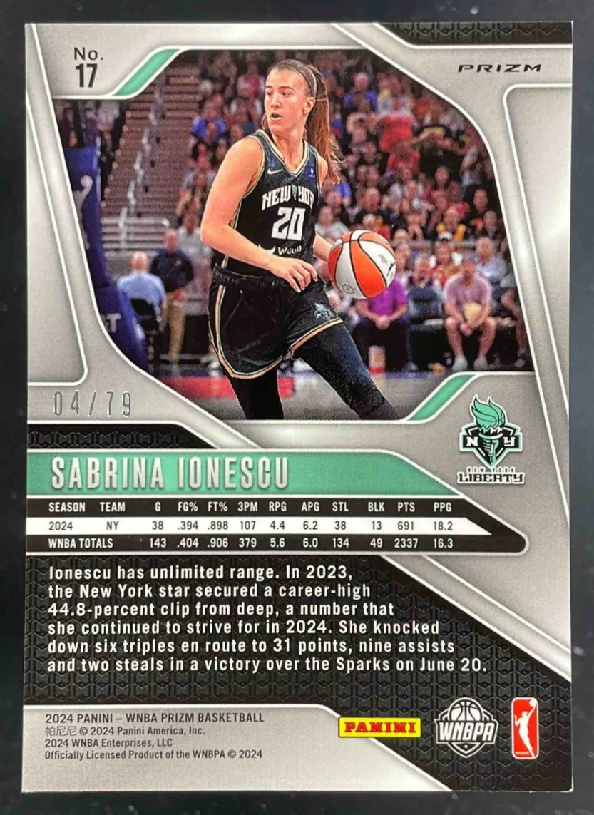 2024 Panini WNBA Prizm Pink Velocity Prizm #17 Sabrina Ionescu /79 - Image 2