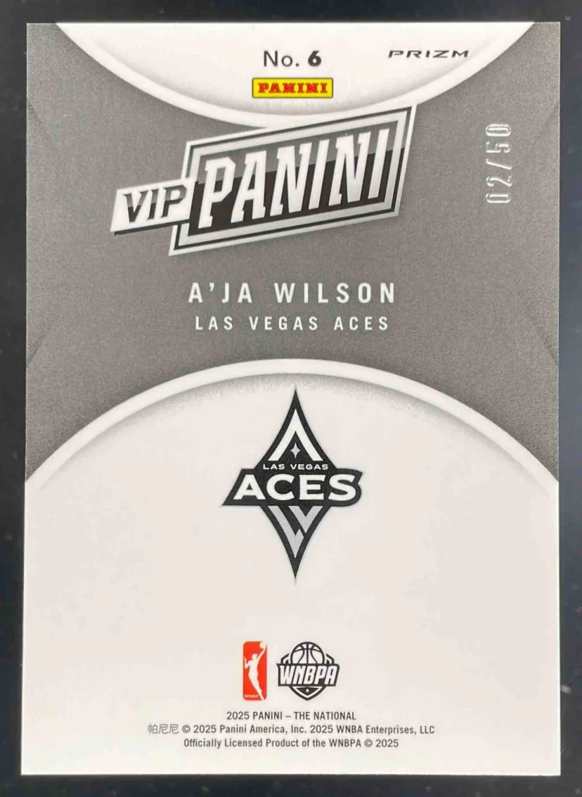 2025 Panini NSCC VIP Gold Packs Gold VIP Purple Sparkle #6 A'ja Wilson /50 - Image 2