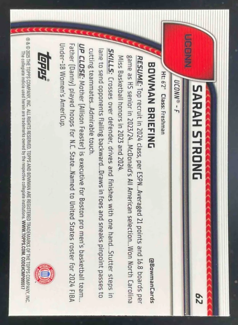 2024-25 Bowman University Chrome Reptilian Blue Refractor #62 Sarah Strong /150 - Image 2