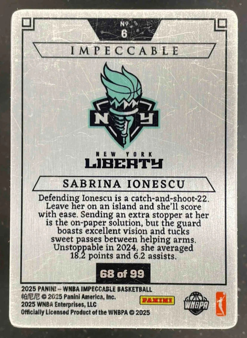 2025 Panini Impeccable WNBA Stainless Stars #6 Sabrina Ionescu /99 - Image 2