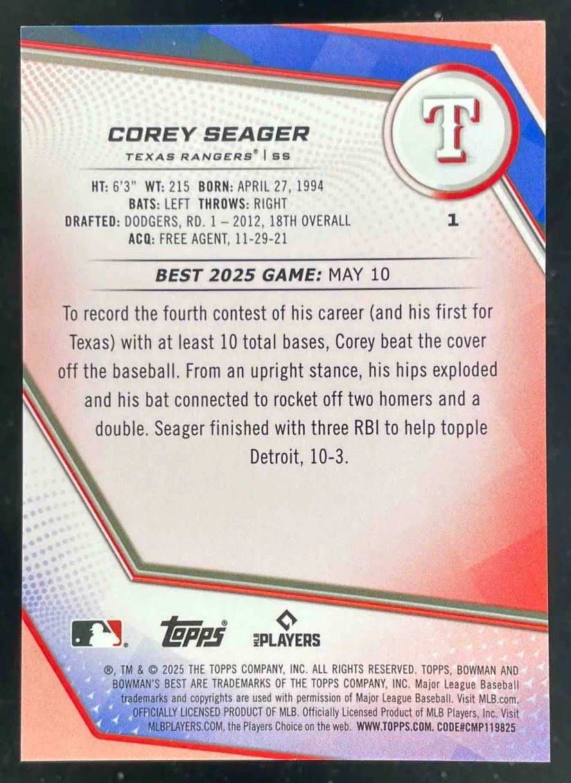 2025 Bowman Bowman's Best Red Lava Refractor #1 Corey Seager /5 - Image 2