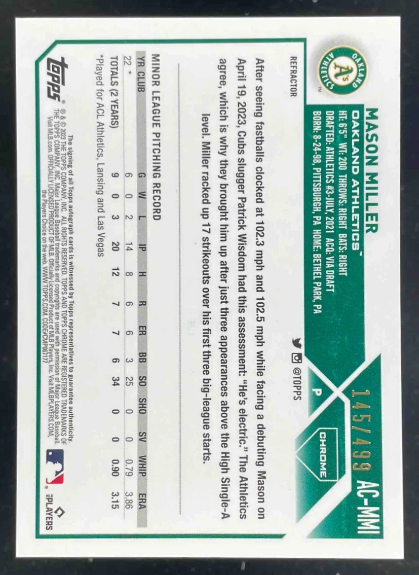 2023 Topps Chrome #AC-MMI Mason Miller RC Auto /499 - Image 2
