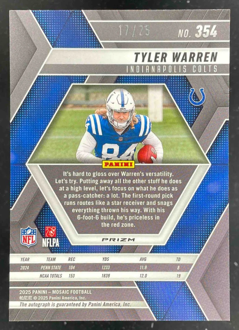 2025 Panini Mosaic Rookie Autographs White Prizm #354 Tyler Warren RC Auto /25 - Image 2