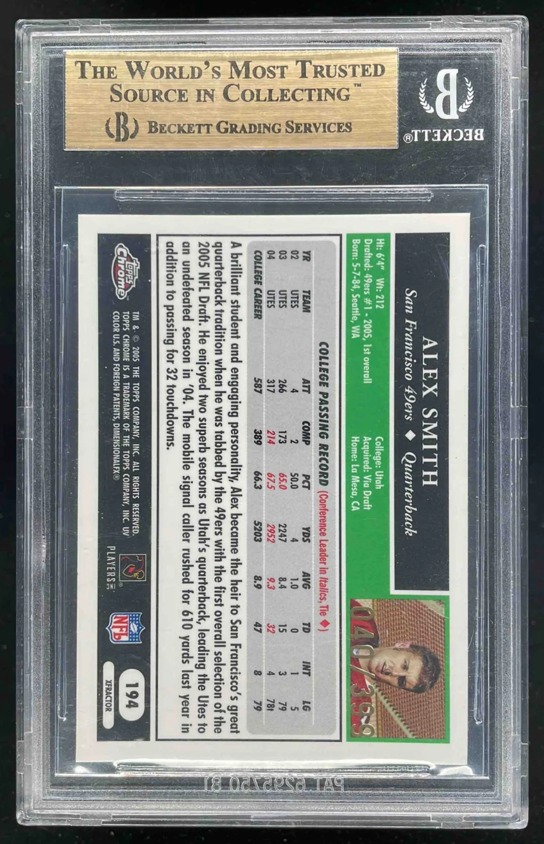 2005 Topps Chrome Gold Xfractors #194 Alex Smith RC /399 BGS 10 - Image 2
