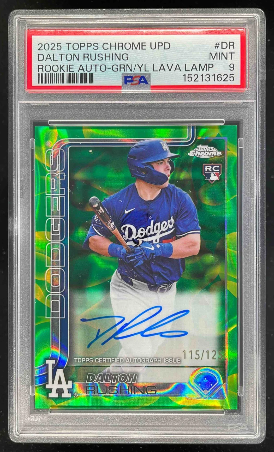 2025 Topps Chrome Lava Lamp Green Yellow Dalton Rushing RC Auto /125 PSA 9