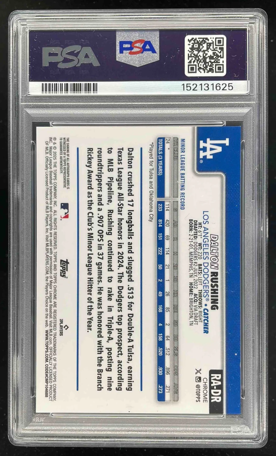 2025 Topps Chrome Lava Lamp Green Yellow Dalton Rushing RC Auto /125 PSA 9 - Image 2