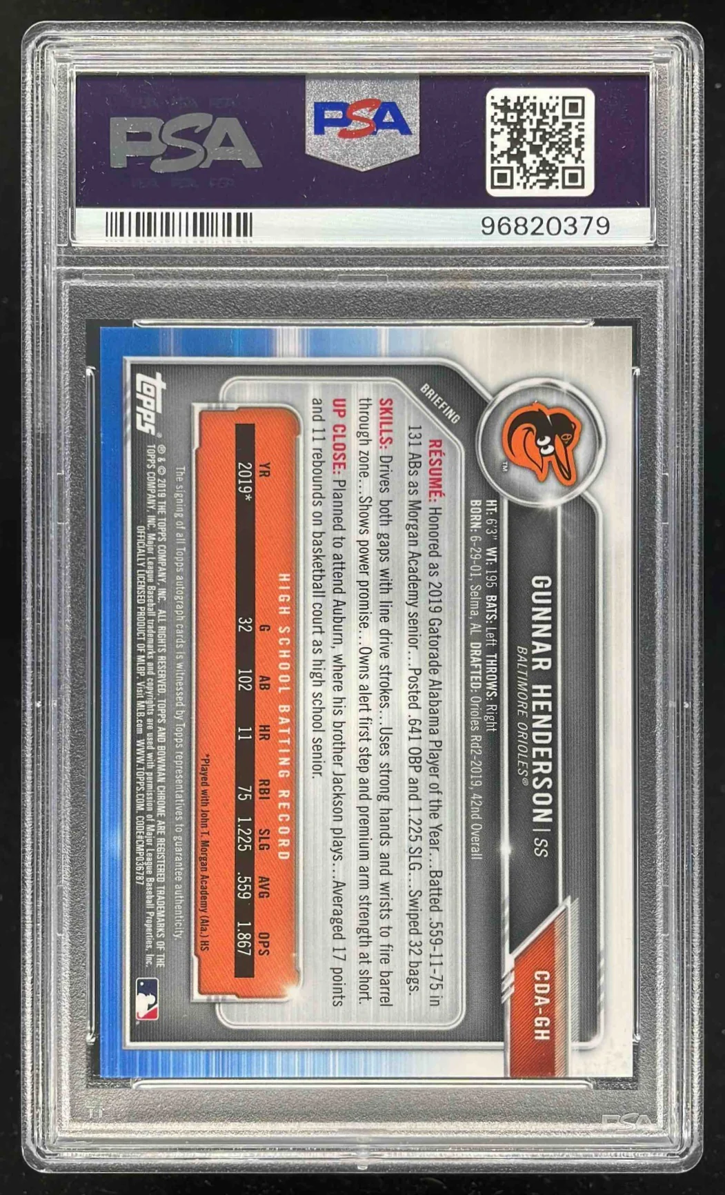 2019 Bowman Draft Chrome Pick Autographs #CDA-GH Gunnar Henderson RC Auto PSA 10 - Image 2