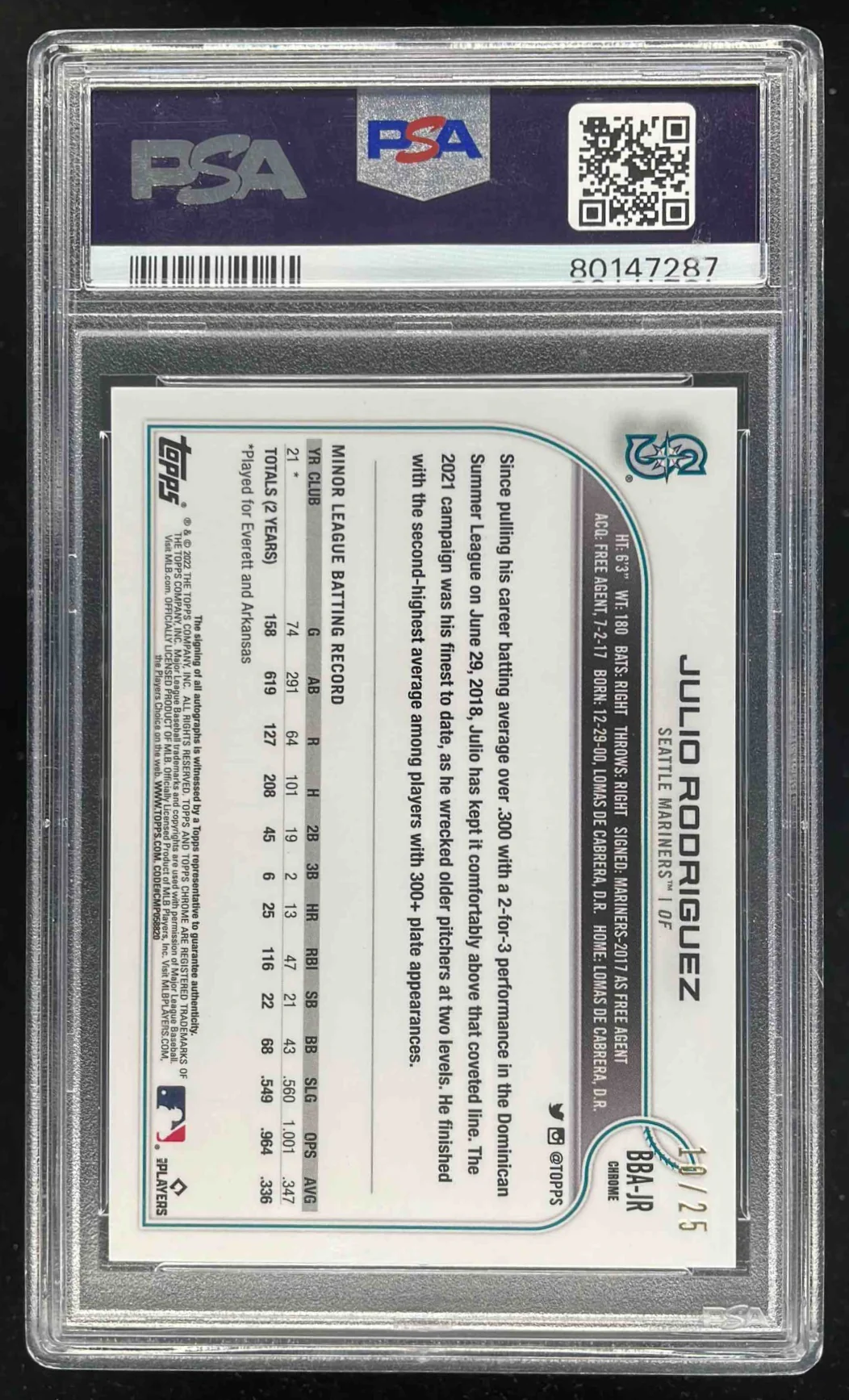 2022 Topps Chrome Ben Baller Edition Orange Julio Rodriguez RC Auto /25 PSA 10 - Image 2