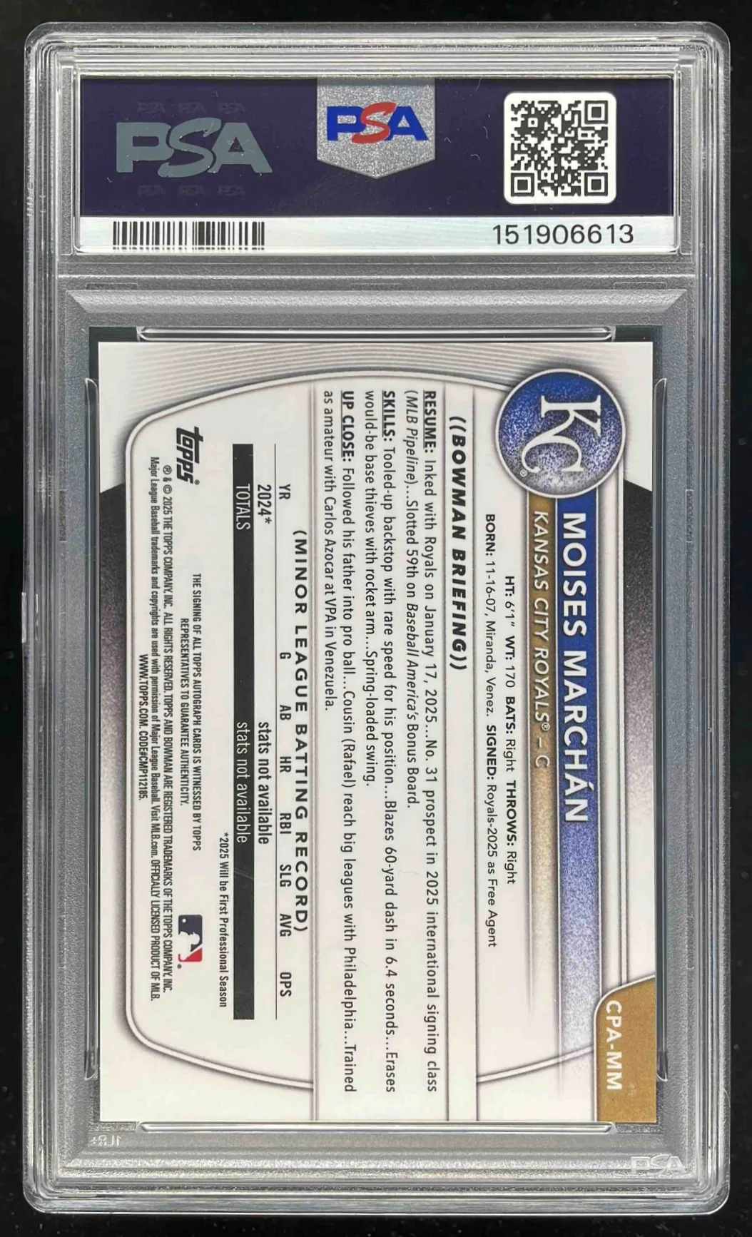 2025 Bowman Chrome Popcorn #CPA-MM Moises Marchan RC Auto /5 PSA 10 - Image 2