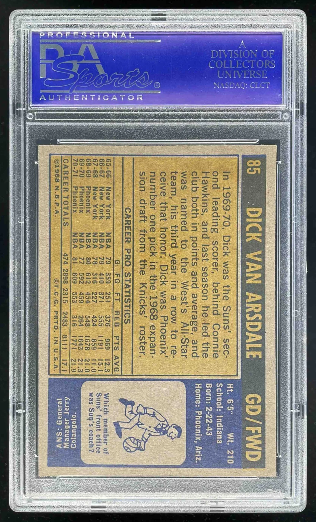 1971-72 Topps #85 Dick Van Arsdale PSA 8 - Image 2