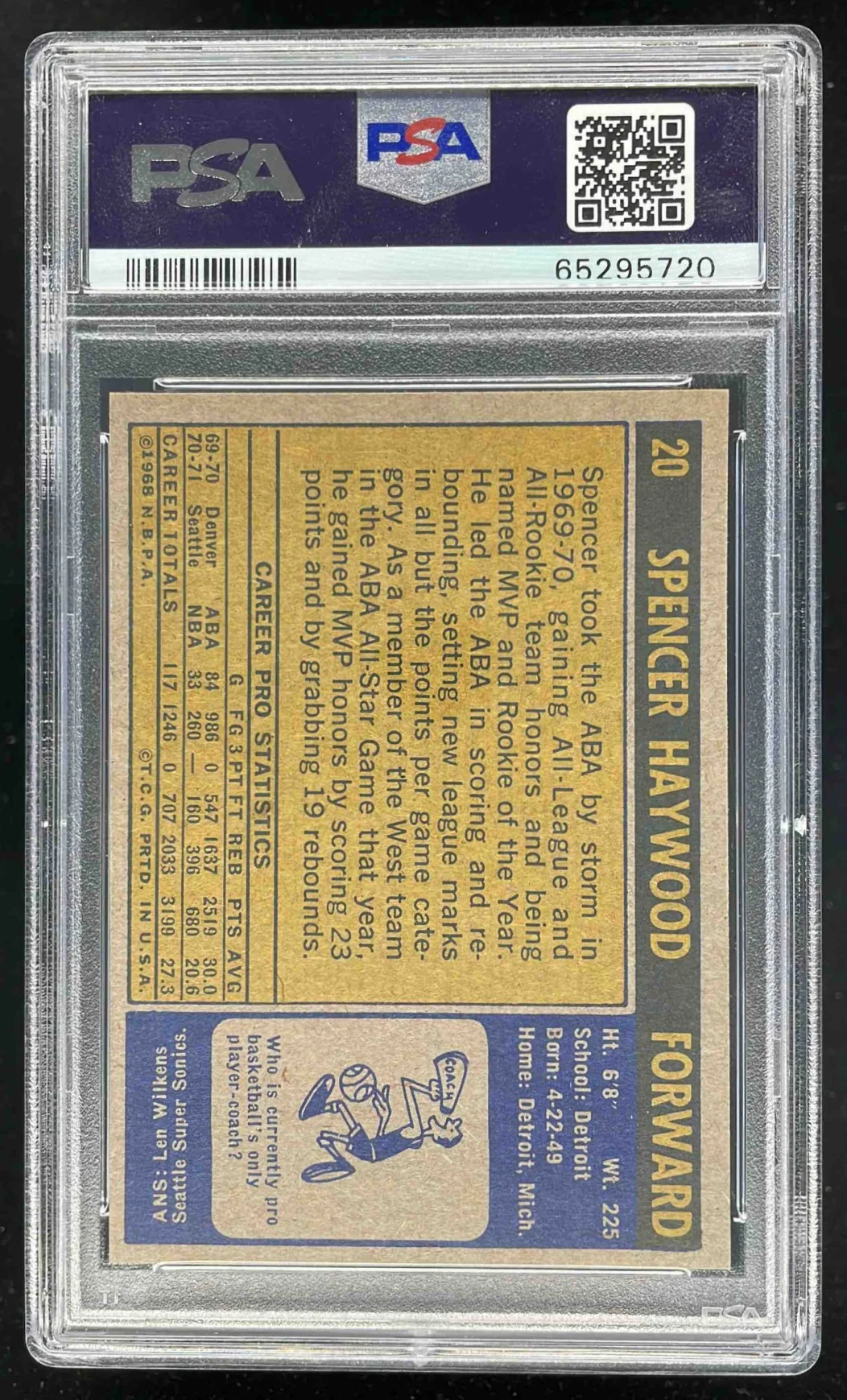 1971-72 Topps #20 Spencer Haywood RC PSA 8 - Image 2